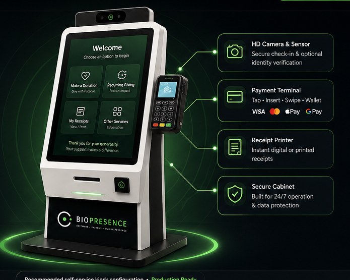 BioPresence Donation Suite self-service kiosk with touchscreen, payment terminal, receipt printer and secure connected services